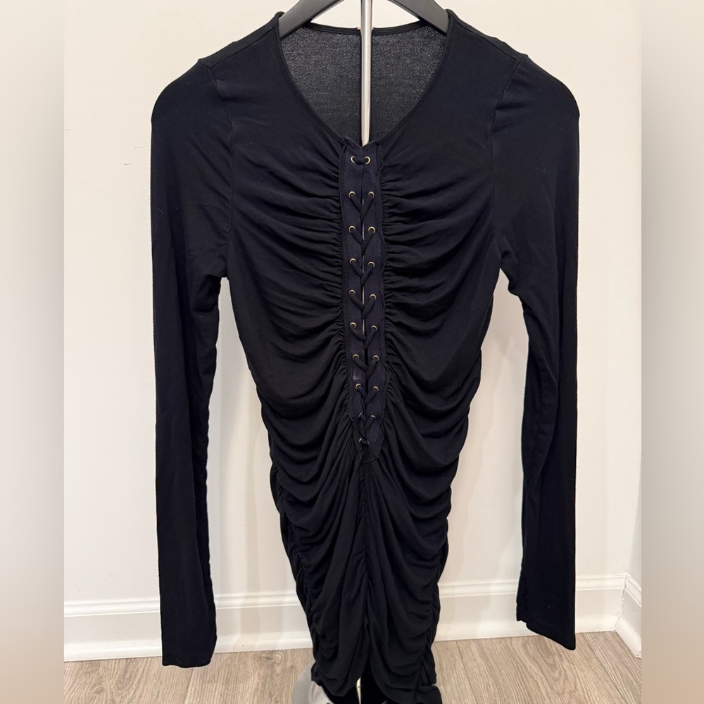 Free People Ruched Lace Up Bodycon Mini Dress Black Size M